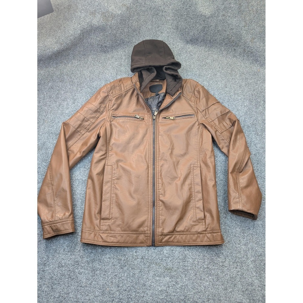 Urban Republic Jacket‎ Mens Small Brown Faux Leather Hooded Moto Zip Pockets